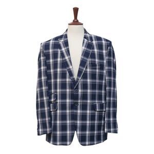 Mens Blazer Navy Blue White Plaid Dress Formal Jacket Wedding Sport Coat 44R